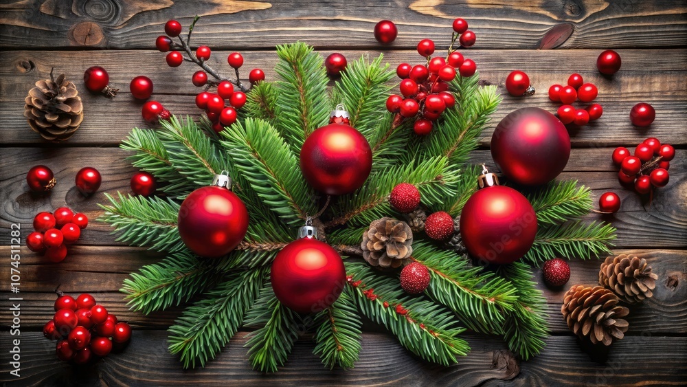 Elegant Christmas Arrangement with Red Ornaments, Pine Branches, and Bright Berries for Festive Minimalist Photography Elegant Christmas Arrangement with Red Ornaments, Pine Branches, and Bright Berries for Festive Minimalist Photography