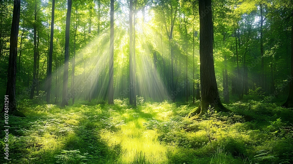 Fototapeta premium A tranquil forest with sunlight.