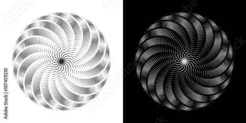 Abstract background with abstract line pattern in circles. Spiral art design as a logo or icon. A black figure on a white background and the same white figure on a black side. Mandala design with line