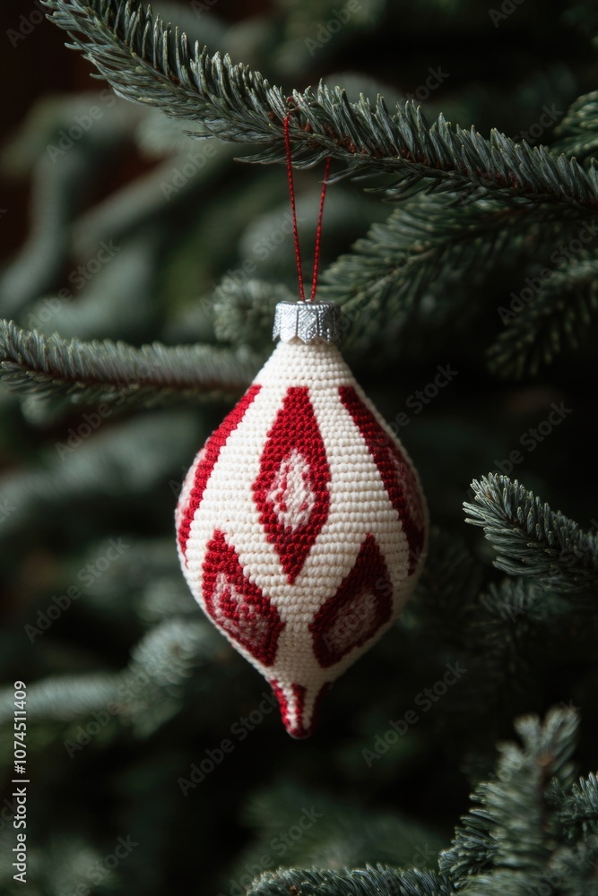 Obraz premium A red and white Christmas tree ornament hangs from the branches