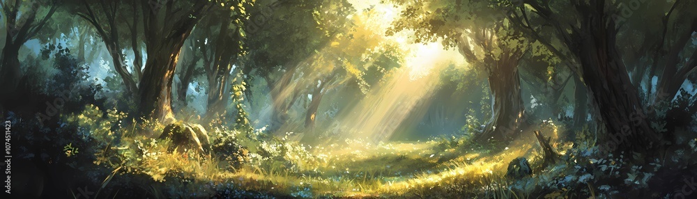 Fototapeta premium A tranquil forest with sunlight.