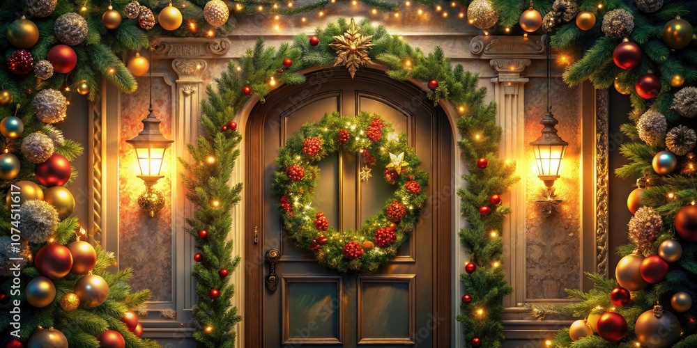 Obraz premium Elegant Garland Framing a Doorway with Ornaments - Festive Illustration Art for Holiday Decor, Home Design, and Seasonal Celebrations