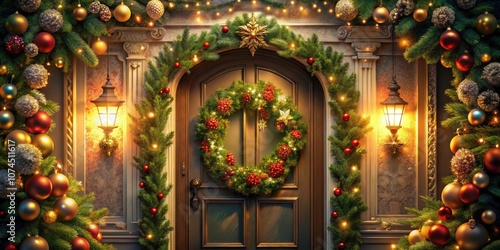 Wallpaper Mural Elegant Garland Framing a Doorway with Ornaments - Festive Illustration Art for Holiday Decor, Home Design, and Seasonal Celebrations Torontodigital.ca