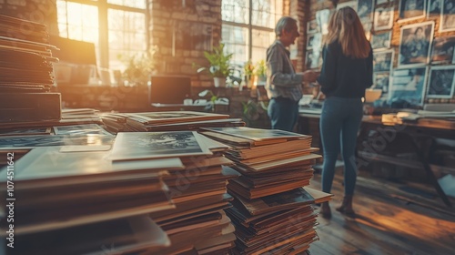 Two people discussing photography in a cozy studio filled with stacks of photos. photo