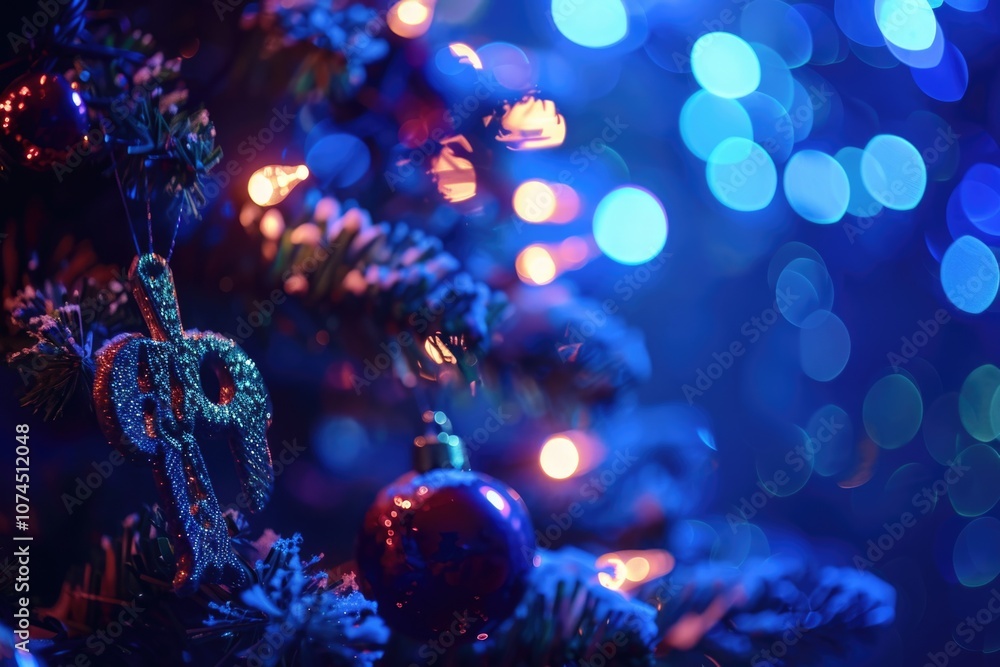 A close-up view of a Christmas tree with twinkling lights in the background, ideal for winter-themed designs and projects A close-up view of a Christmas tree with twinkling lights in the background, ideal for winter-themed designs and projects