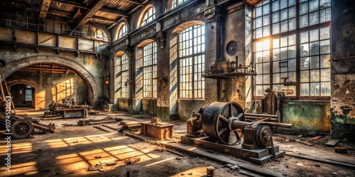 Minimalist Photography of Abandoned Industrial Machinery in a Dilapidated Factory Room Showcasing Rusting Equipment, Broken Windows, and Textured Surfaces