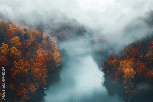 Foggy Riverbank in Autumn: A winding river surrounded by vibrant fall foliage in shades of orange