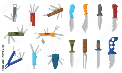 Cartoon multi tools and knives. Survival tools, equipment for picnic, camping, hunting or fishing. Cold weapon, self defense elements, neoteric vector clipart