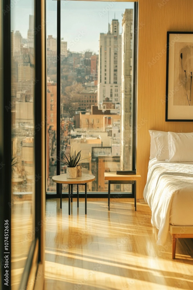 Fototapeta premium Minimalist Hotel Room with City View: A sleek, minimalist hotel room featuring a floor-to-ceiling window showcasing a breathtaking cityscape. Modern hotel room interior.
