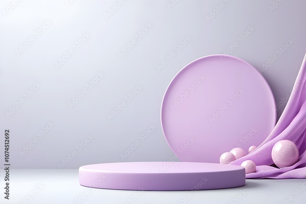 Soft Lavender Podium with Matte Finish, Surrounded by Spheres and Draped Fabric, Ideal for Displaying Products or Creating a Minimalistic Scene Soft Lavender Podium with Matte Finish, Surrounded by Spheres and Draped Fabric, Ideal for Displaying Products or Creating a Minimalistic Scene