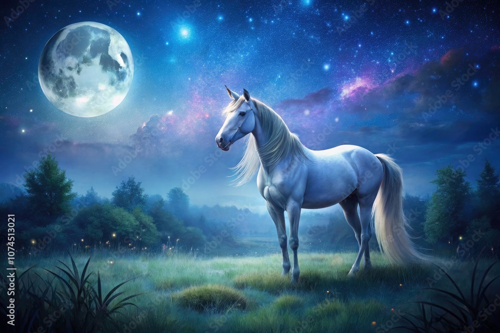 Enchanting Unicorn Under a Starry Night Sky - Magical Fantasy Scene with Celestial Stars, Dreamy Landscape, and Ethereal Glow Enchanting Unicorn Under a Starry Night Sky - Magical Fantasy Scene with Celestial Stars, Dreamy Landscape, and Ethereal Glow