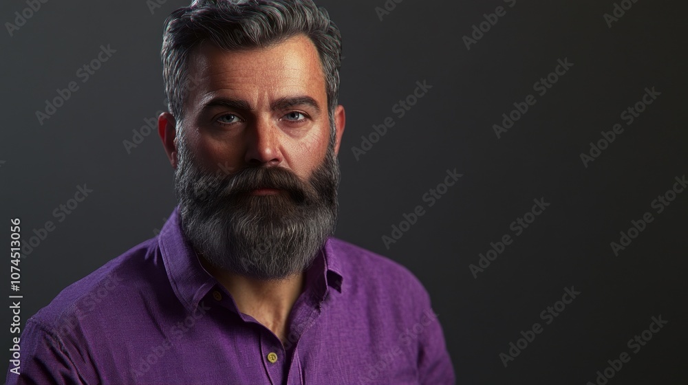 A man with a beard and a purple shirt is looking at the camera A man with a beard and a purple shirt is looking at the camera