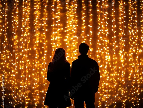 A couple enjoying a romantic moment under beautiful holiday lights.