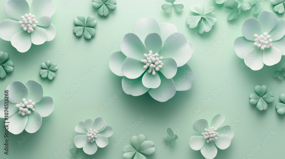 Light green, pastel background with volumetric flowers. Floral style banner. Light green, pastel background with volumetric flowers. Floral style banner.