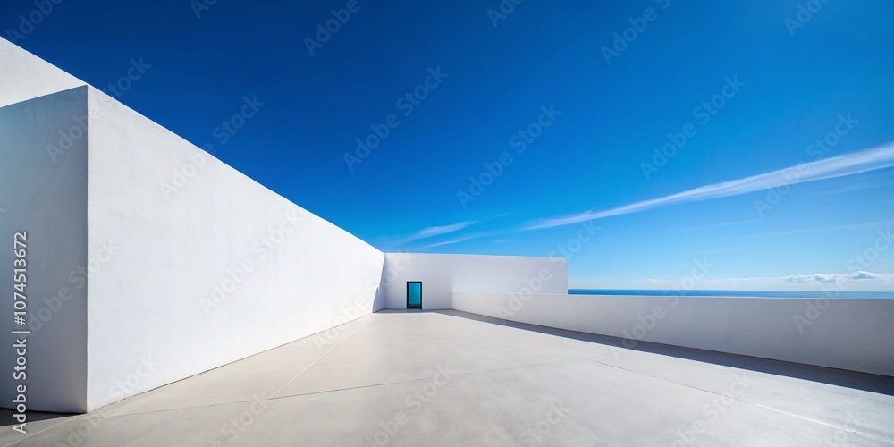 Minimalist White Wall Against Blue Sky: High Angle View of a Contemporary Architectural Design Showcasing Clean Lines and Tranquil Aesthetic for Modern Home or Office Spaces Minimalist White Wall Against Blue Sky: High Angle View of a Contemporary Architectural Design Showcasing Clean Lines and Tranquil Aesthetic for Modern Home or Office Spaces