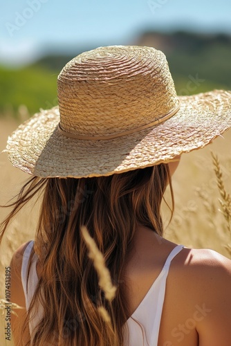 A woman wearing a classic straw hat in a green field