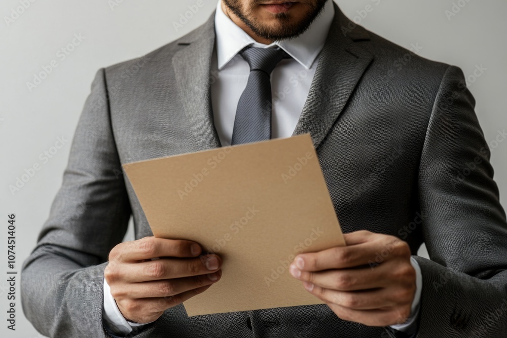 A businessman holds a paper with important information A businessman holds a paper with important information