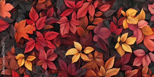 Wallpaper Mural A wallpaper-style leaf background with detailed illustrations of autumn leaves in shades of red, orange, and yellow Torontodigital.ca