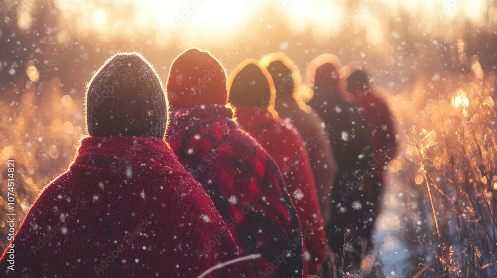 Naklejka premium A group of people wrapped in blankets walking through a snowy landscape during sunset.