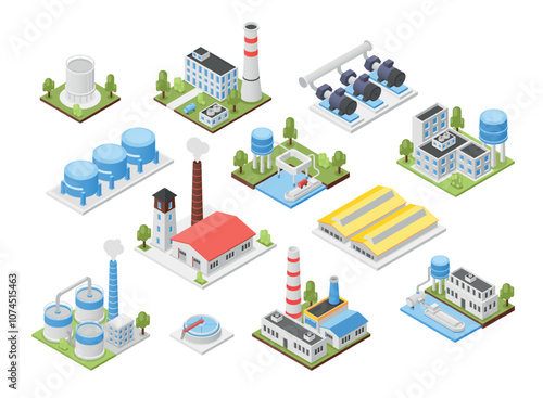 Isometric industrial buildings. Factory, plants building with pipes and ladders. Various tanks chimneys warehouse. Flawless industry vector elements