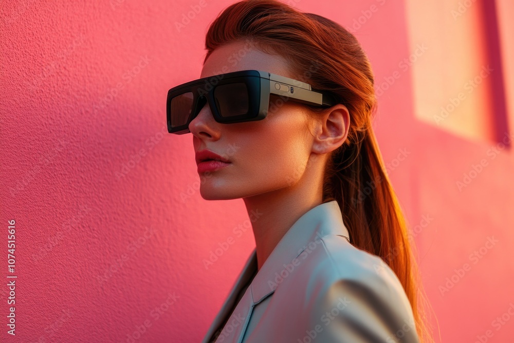 A woman stands against a pink wall, wearing sunglasses and enjoying the moment A woman stands against a pink wall, wearing sunglasses and enjoying the moment