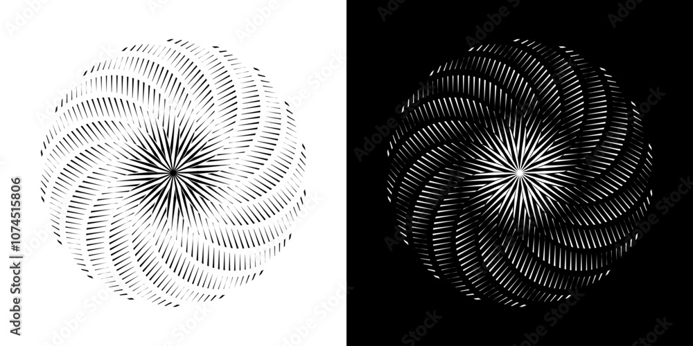 Abstract background with abstract line pattern in circles. Spiral art design as a logo or icon. A black figure on a white background and the same white figure on a black side. Mandala design with line Abstract background with abstract line pattern in circles. Spiral art design as a logo or icon. A black figure on a white background and the same white figure on a black side. Mandala design with line