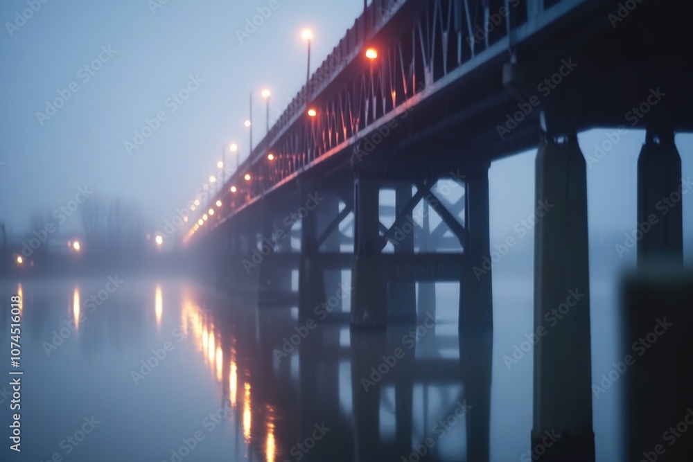 Obraz premium A serene nighttime scene with a bridge spanning a calm body of water, perfect for use in landscape or architecture designs