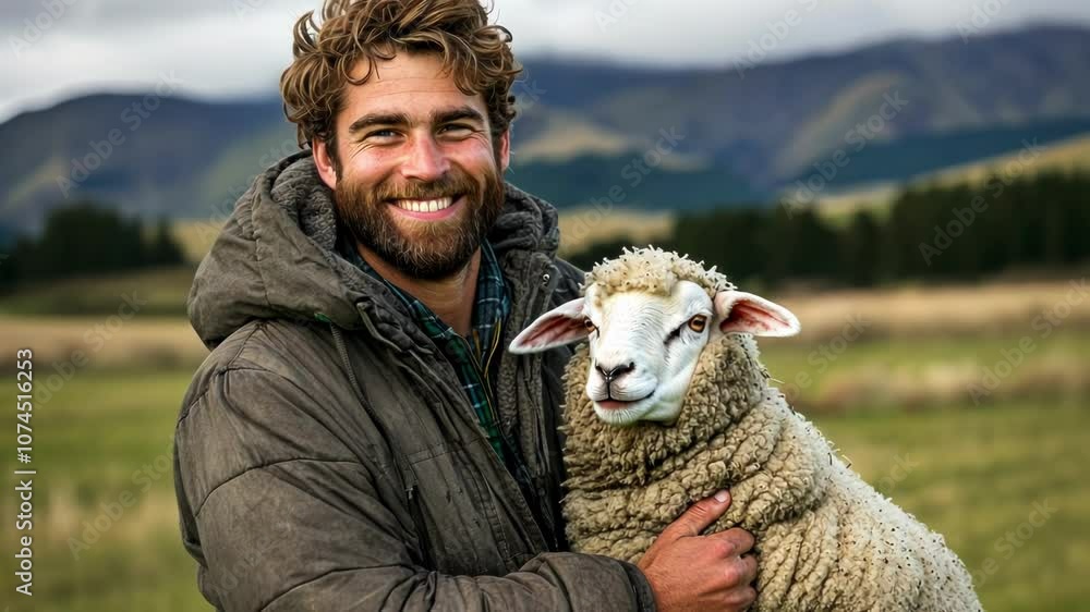 Smiling Man Holding a Sheep in a Pasture Smiling Man Holding a Sheep in a Pasture