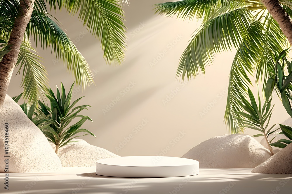 Minimalist Smooth White Podium Surrounded by Vibrant Green Tropical Plants in a Peaceful Setting with Soft Textures and Natural Light Minimalist Smooth White Podium Surrounded by Vibrant Green Tropical Plants in a Peaceful Setting with Soft Textures and Natural Light