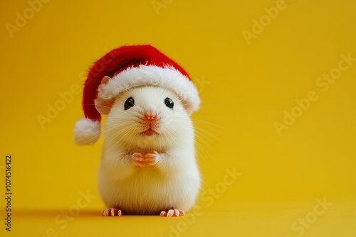 A cute mouse and hamster in a red and white Christmas and New Year's hat on a yellow background with a Christmas tree and fir branches. A Christmas card with a cute animal. Copy space