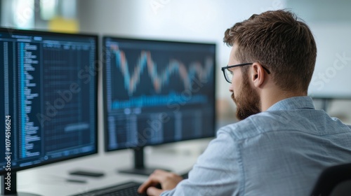 Businessman Analyzing Financial Data on Computer Monitors.