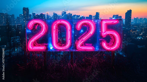 New Year 2025 Number in Neon Cityscape Style
