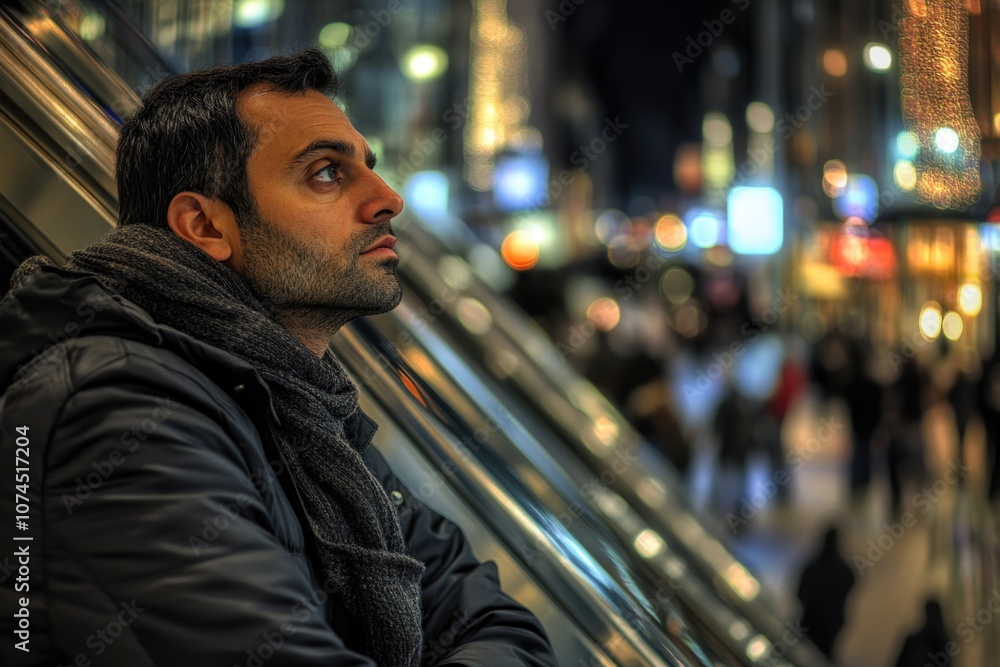 A person sitting on an escalator in a city at night, great for urban or cityscape scenes A person sitting on an escalator in a city at night, great for urban or cityscape scenes