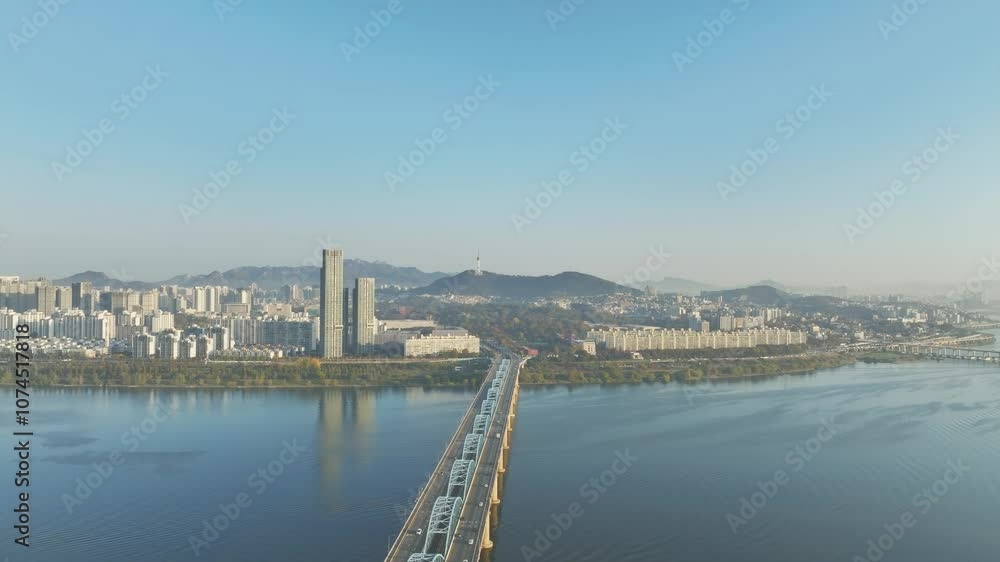 Drone View of Seoul city in Sunrise of Dongjak-gu, Han River, Autumn, 60fps Drone View of Seoul city in Sunrise of Dongjak-gu, Han River, Autumn, 60fps