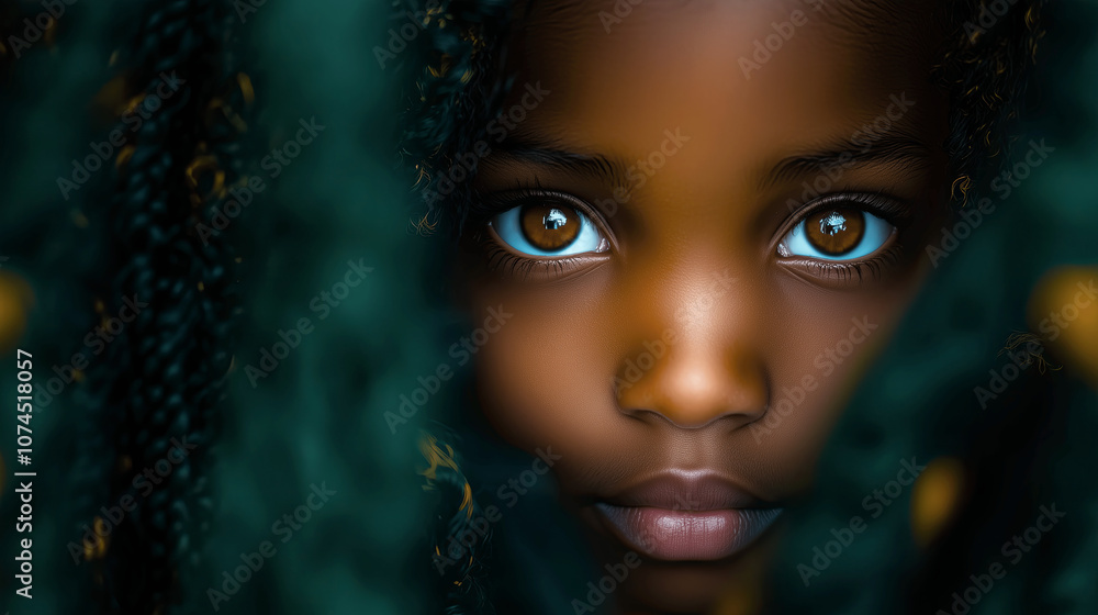 Captivating portrait of a young girl with mesmerizing eyes surrounded by textured shadows Captivating portrait of a young girl with mesmerizing eyes surrounded by textured shadows