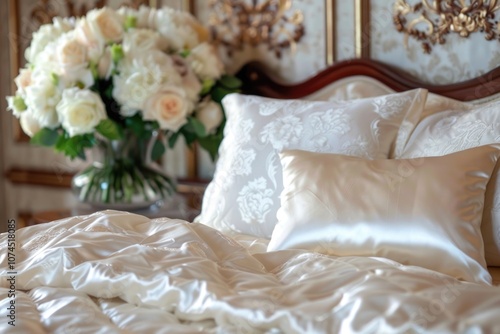 A cozy bedroom scene with a white comforter and a vase of flowers photo