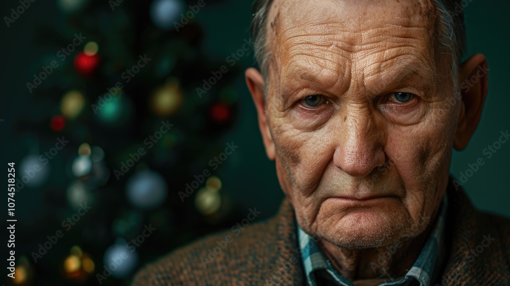An elderly gentleman stands proudly in front of a decorated Christmas tree, wearing a formal bow tie An elderly gentleman stands proudly in front of a decorated Christmas tree, wearing a formal bow tie