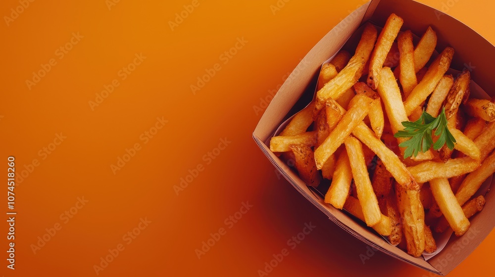 Crispy Golden French Fries in Takeout Box on Vibrant Orange Background Perfect for Food Marketing and Restaurant Promotion Images Crispy Golden French Fries in Takeout Box on Vibrant Orange Background Perfect for Food Marketing and Restaurant Promotion Images