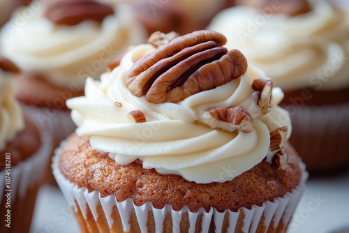 Close-up photo of a cupcake with pecans and frosting photo