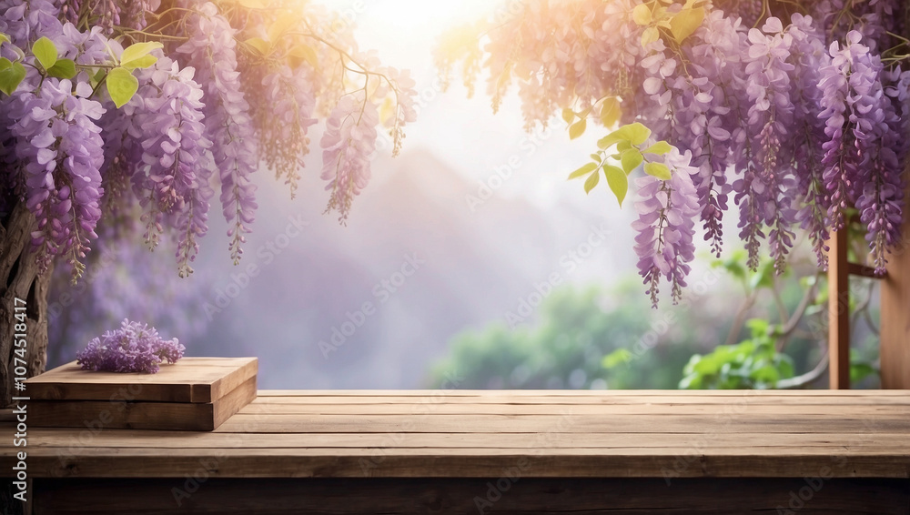 Empty top wooden table for product display with Wisteria flower with fog and morning light background