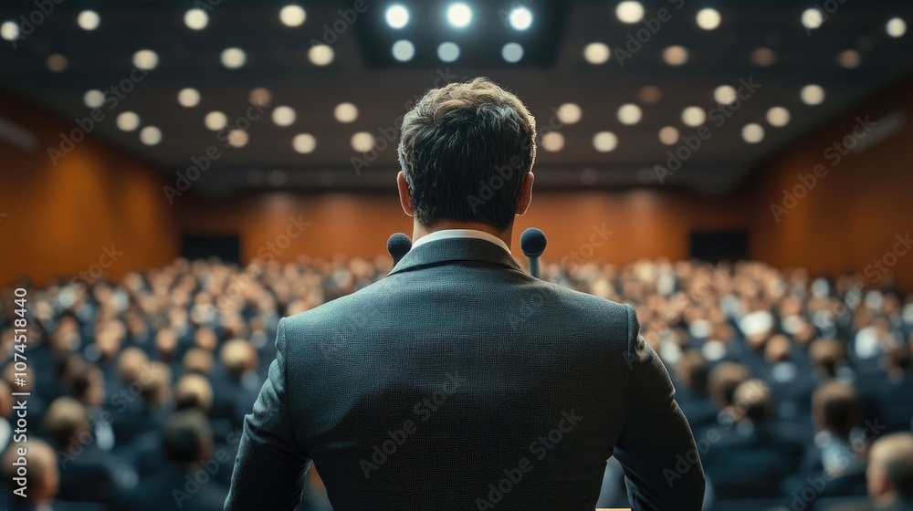 Fototapeta premium A speaker on stage faces an audience. This image is perfect for illustrating a presentation, speech, or other public address.