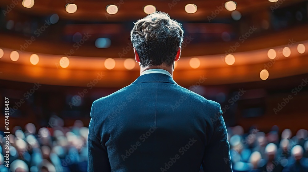 Man in suit giving a speech. This photo depicts a speaker facing an audience, ideal for presentations, leadership, and business concepts. Man in suit giving a speech. This photo depicts a speaker facing an audience, ideal for presentations, leadership, and business concepts.