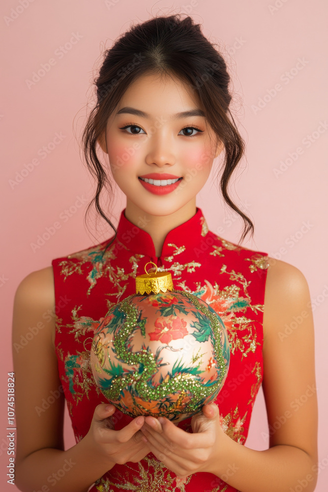 Festive Portrait of  Chinese Young Adult Female Wearing Christmas Red And Gold Dress Holding Christmas Gift