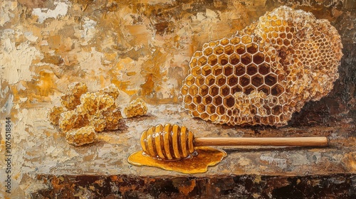 Artistic Representation of Honeycomb with Honey Dripper in Close-Up, Capturing the Natural Beauty and Texture of Honey and Beeswax on a Rustic Wooden Surface