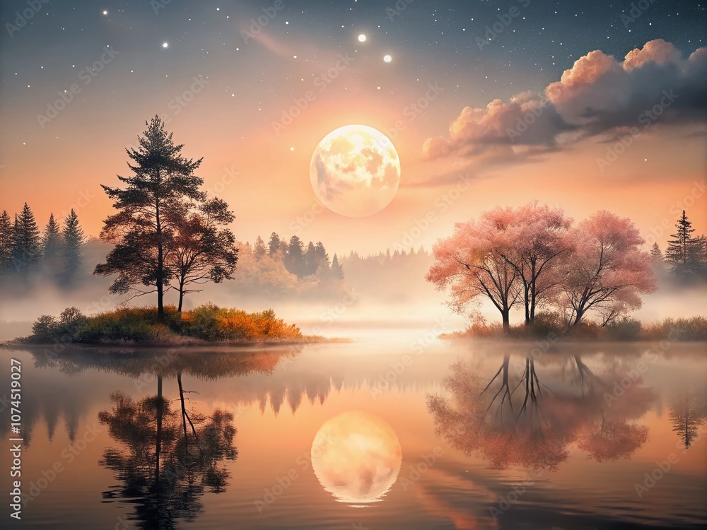 Fototapeta premium Night Photography of Peach Watercolor Inspired Landscapes, Capturing the Subtle Hues and Fluidity of Nature Under Moonlight, Perfect for Artistic and Serene Visuals