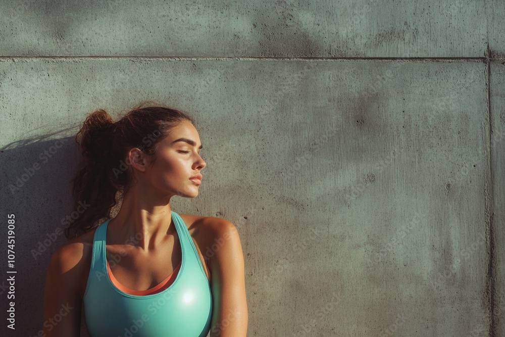 A woman wearing a sports bra top leans against a wall, looking relaxed A woman wearing a sports bra top leans against a wall, looking relaxed