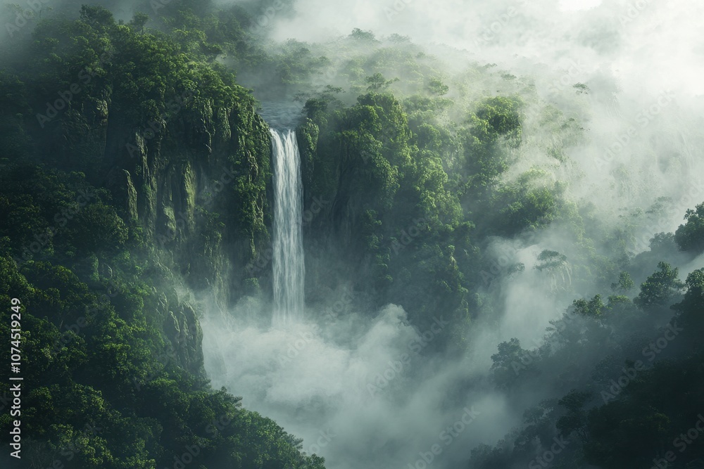 Foggy Waterfall in a Dense Forest: A majestic waterfall flowing through a dense, lush forest shrouded in fog Foggy Waterfall in a Dense Forest: A majestic waterfall flowing through a dense, lush forest shrouded in fog