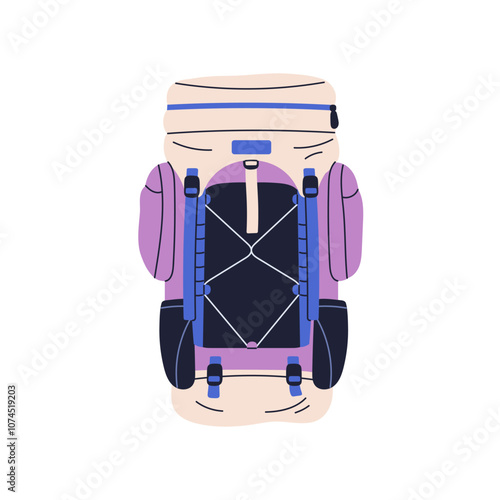 Hiking backpack for outdoor adventure. Camping and trekking bag, travel rucksack. Packed survival luggage, baggage, touristic equipment. Flat vector illustration isolated on white background