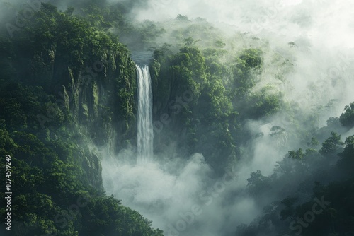 Foggy Waterfall in a Dense Forest: A majestic waterfall flowing through a dense, lush forest shrouded in fog