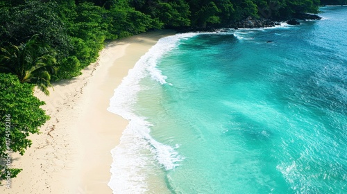 Serene Tropical Beach with Crystal Clear Water, Golden Sand, and Lush Greenery under Bright Blue Sky, Perfect for Relaxation and Escape to Nature's Beauty